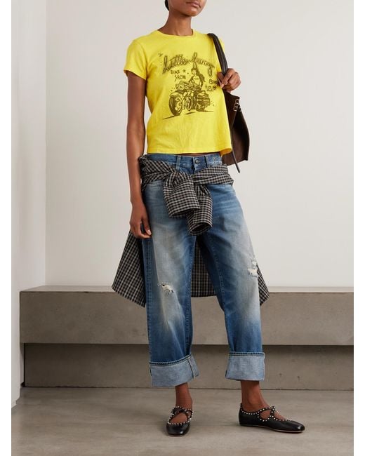 R13 Blue Cuffed X-Boyfriend Distressed Mid-Rise Wide-Leg Jeans
