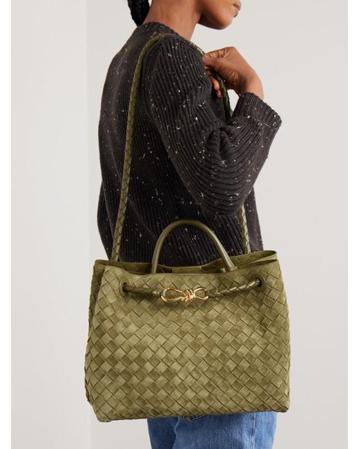 Bottega Veneta Green Andiamo Medium Leather-Trimmed Intrecciato Suede Tote