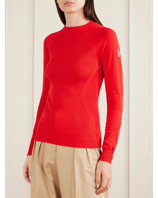 Moncler Red Appliquéd Ribbed-Knit T-Shirt