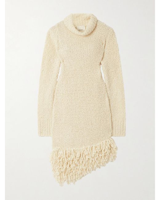 Isabel Marant Natural Fringed Wool-Blend Bouclé Turtleneck Midi Dress