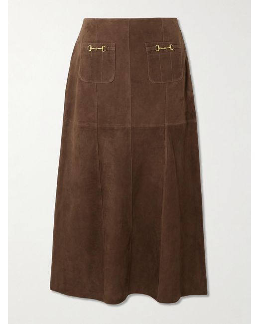 Rixo Brown Edwina Embellished Paneled Suede Midi Skirt