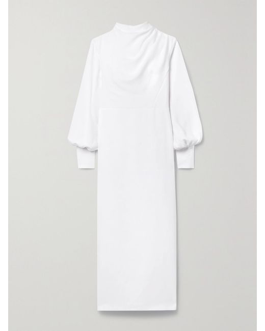 Rasario White Gathered Stretch-Crepe Midi Dress