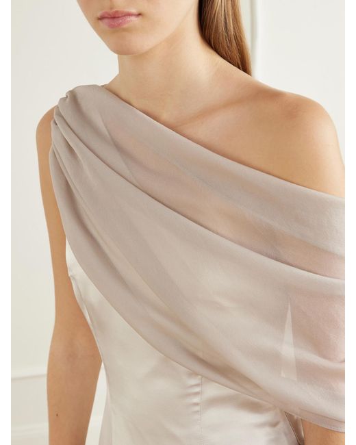 Abadia Natural Gwyneth Asymmetric Draped Satin-Trimmed Gerogette Gown