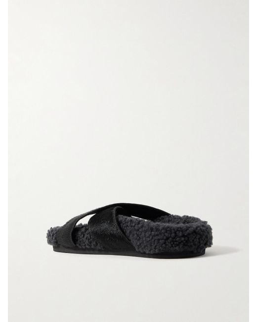 Ancient Greek Sandals Black Anilio Pantoletten Aus Kalbshaar Und Shearling