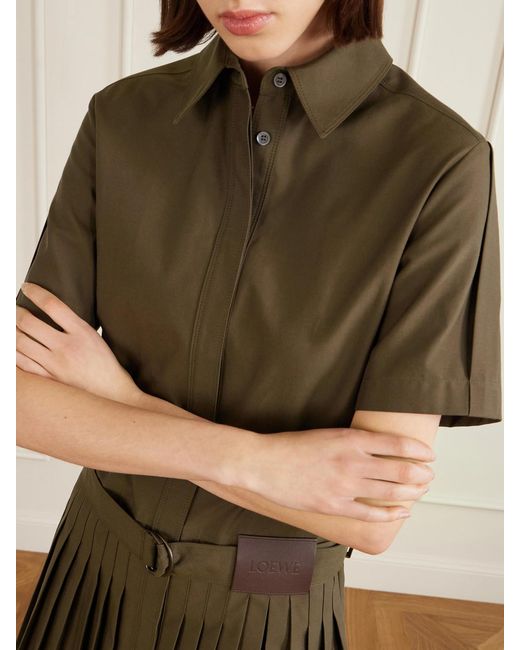 Loewe Green Belted Pleated Cotton-Blend Mini Shirt Dress