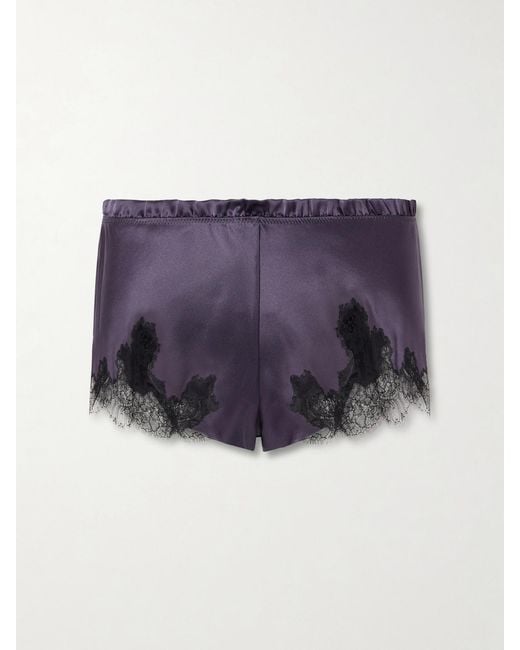 Carine Gilson Purple Lace-Trimmed Silk-Satin Shorts