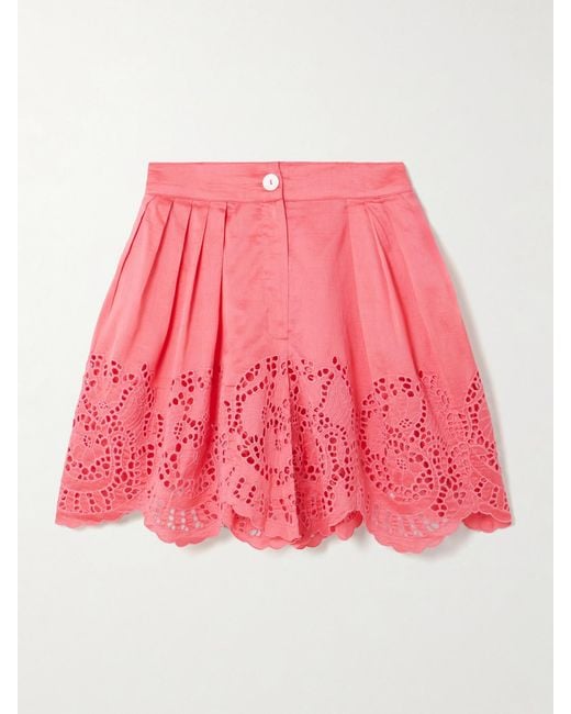 Thierry Colson Pink Kenya Pleated Broderie Anglaise Cotton And Silk-Blend Shorts