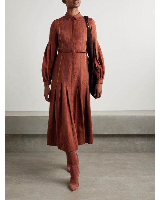 Gabriela Hearst Aleka Belted Embroidered Linen Midi Shirt Dress