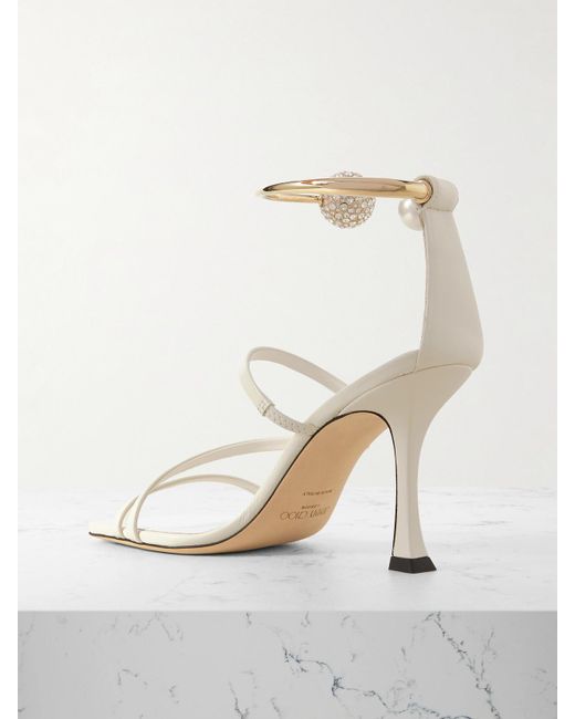 Jimmy Choo White Ottilia 90 Crystal And Faux Pearl-Embellished Leather Sandals