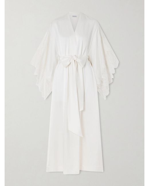 Carine Gilson White Belted Lace-Trimmed Silk-Satin Kimono