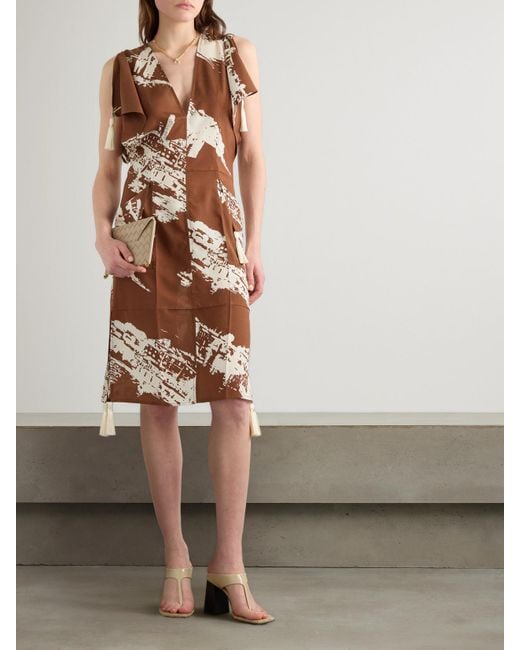 Bottega Veneta Brown Tasseled Printed Silk And Cotton-Blend Shantung Dress