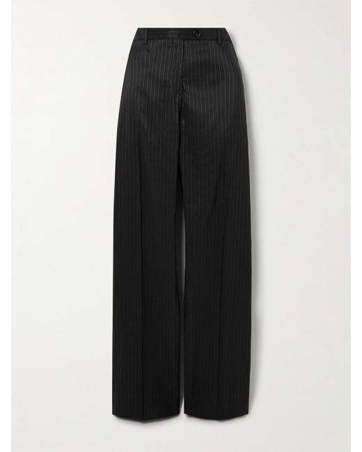 Acne Black Pinstriped Taffeta Straight-Leg Pants