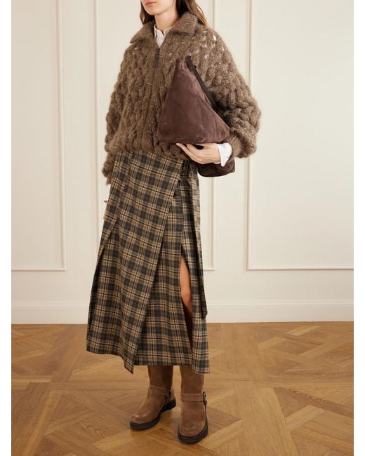 Brunello Cucinelli Natural Checked Wool-Blend Wrap Midi Skirt