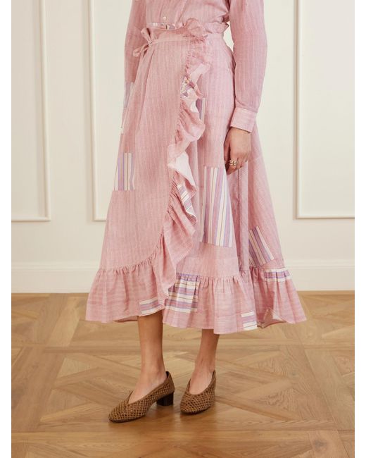 Thierry Colson Pink Tasha Ruffled Striped Cotton-Voile Wrap Midi Skirt