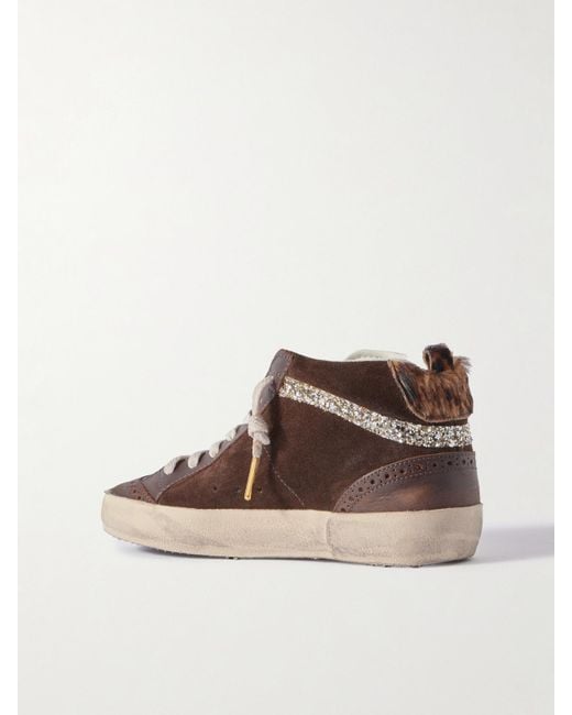 Golden Goose Deluxe Brand Brown Mid Star Distressed Crystal-Embellished Leather And Suede High-Top Sneakers