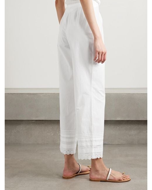 Doen White Francisca Broderie Anglaise-Trimmed Pintucked Organic Cotton-Poplin Straight-Leg Pants
