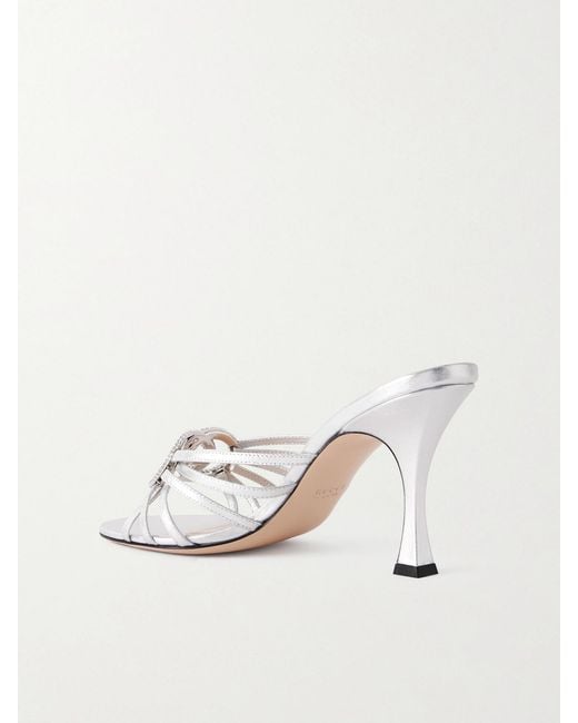 Gucci White Crystal-Embellished Metallic Leather Mules