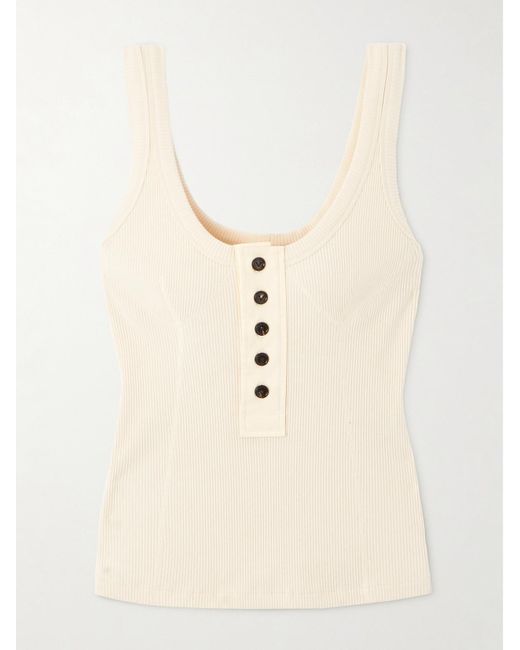 Bottega Veneta Natural Button-Embellished Ribbed Stretch-Cotton Tank Top