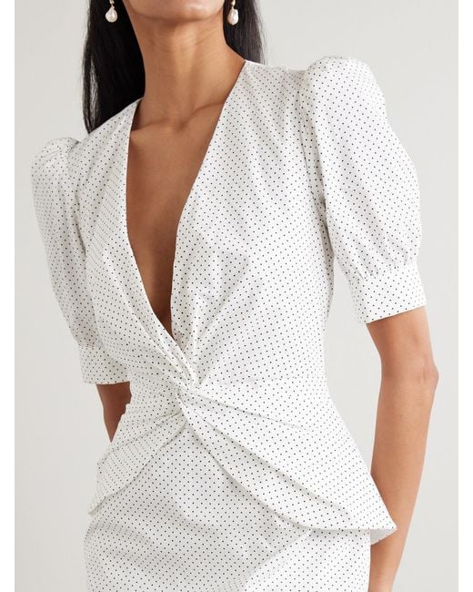 Alessandra Rich White Twist-Front Gathered Printed Cotton-Poplin Midi Dress