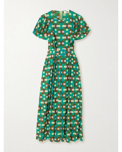 Diane von Furstenberg Green Damon Belted Ruffled Printed Cotton-Blend Midi Dress