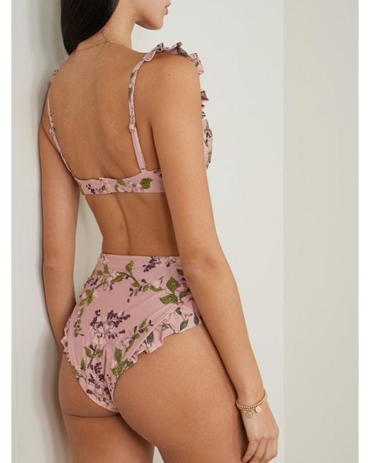 Agua Bendita Pink Kiwi Wisteria Ruffled Embroidered Floral-Print Underwired Recycled Bikini Top