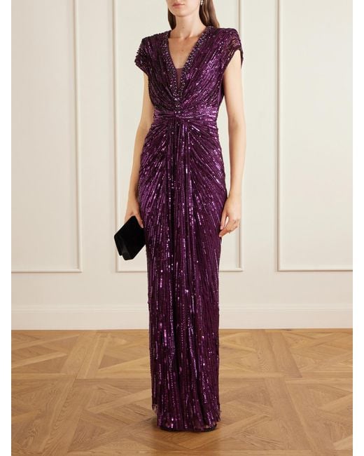 Jenny Packham Purple Lacie Twisted Embellished Tulle Gown