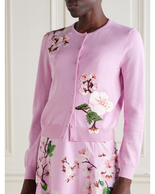 Oscar de la Renta Pink Appliquéd Wool Cardigan