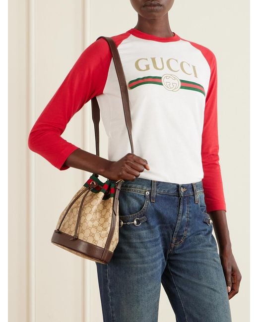 Gucci Natural Bucket Small Leather-Trimmed Printed Coated-Canvas Shoulder Bag