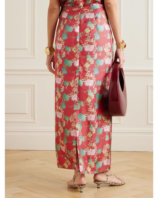 Emporio Sirenuse Red Laurelle Dragonfly Floral-Print Silk-Twill Maxi Skirt