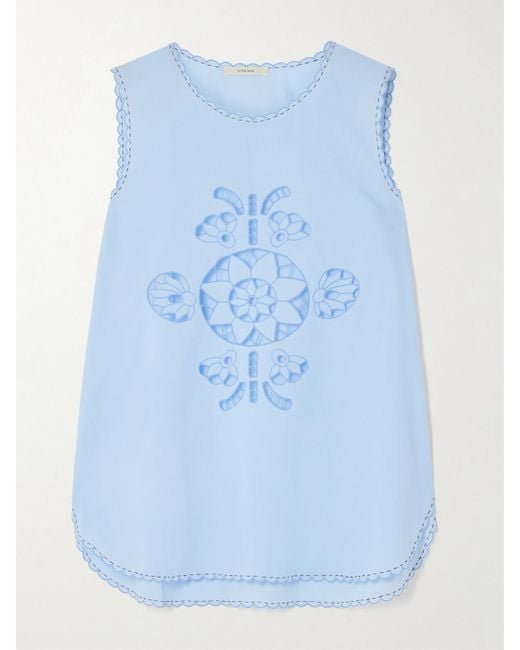 Vita Kin Blue Havana Scalloped Broderie Anglaise Cotton-Poplin Tank