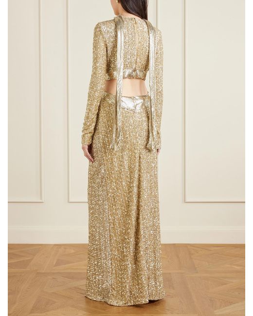 Rabanne Natural Chainmail-Trimmed Cutout Sequined Tulle Gown