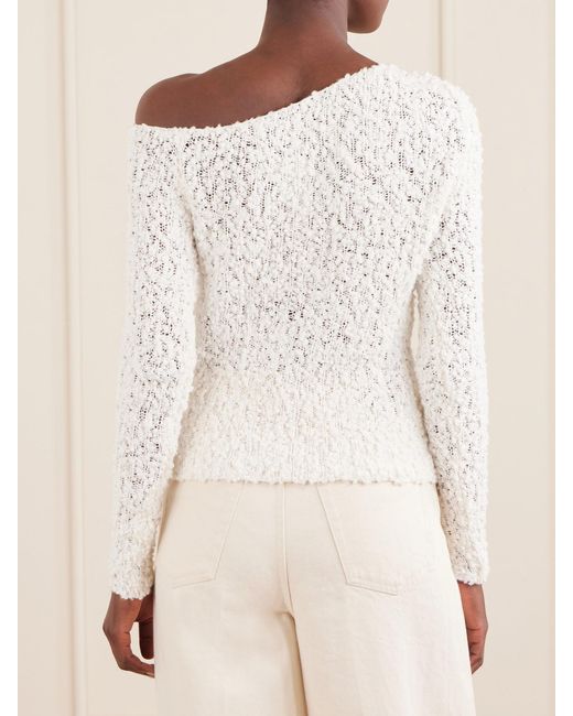 The Elder Statesman White Vine Off-The-Shoulder Cotton-Blend Bouclé Sweater