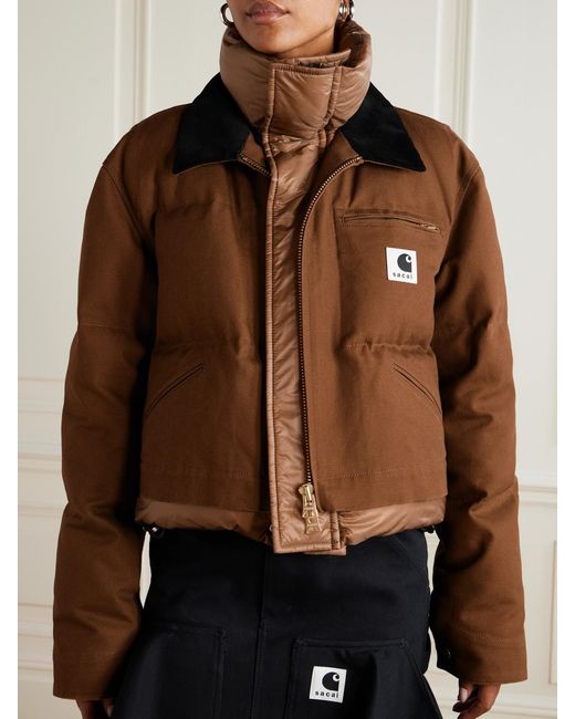 Sacai Brown Carhartt Wip Cropped Corduroy-Trimmed Quilted Shell And Cotton-Canvas Down Jacket