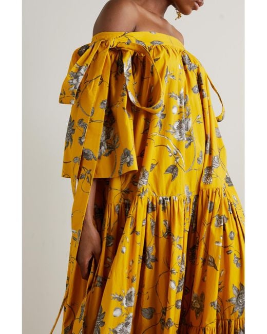 Erdem Yellow Off-The-Shoulder Bow-Detailed Floral-Print Cotton-Faille Gown