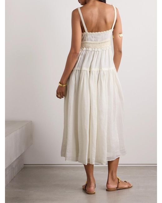 Ulla Johnson White Gisella Ruffled Crocheted Cotton-Trimmed Ramie Midi Dress