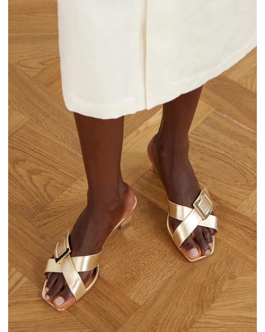 Roger Vivier Natural 45 Buckled Metallic Leather Mules