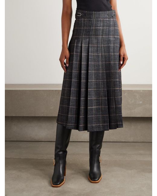Gabriela Hearst Gray Wesley Pleated Checked Wool And Silk-Blend Midi Skirt