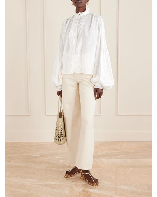 Thierry Colson White Slava Ruched Pleated Embroidered Cotton-Voile Shirt