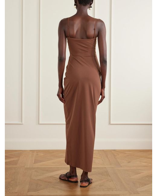 Christopher Esber Brown Arced Ruched Satin Maxi Dress