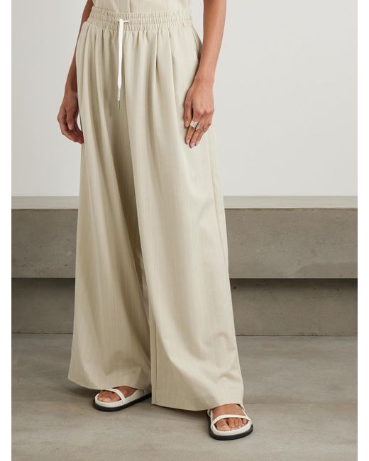 St. Agni Natural Pinstriped Gathered Wool-Blend Wide-Leg Pants