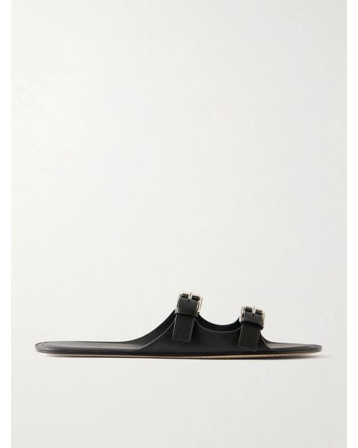 Christen White Buckled Leather Flat Sandals