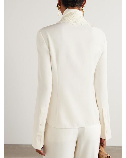 Oscar de la Renta Natural Tie-Detailed Lace-Trimmed Silk-Blend Georgette Blouse