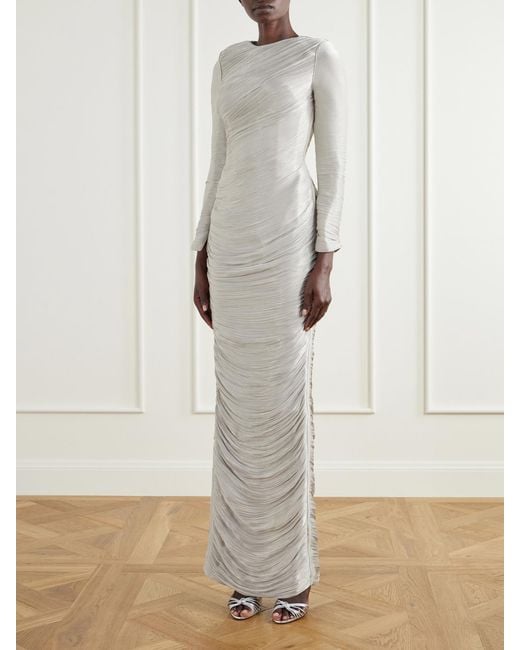 Marmar Halim White Cape-Effect Plissé Crepe De Chine Gown