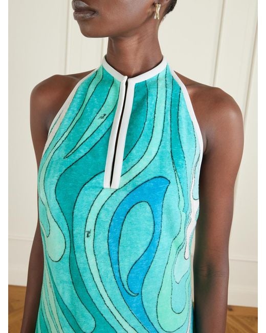 Emilio Pucci Blue Printed Cotton-Terry Halterneck Mini Dress