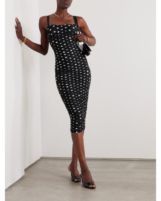 Dolce & Gabbana Black Ruched Polka-Dot Tulle Midi Dress