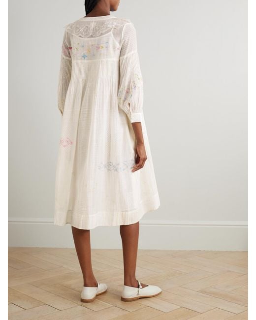 Robe Midi En Voile De Coton Et De Soie Mélangés Imprimé À Broderies Et À Finitions En Dentelle Viola Eka en coloris Natural