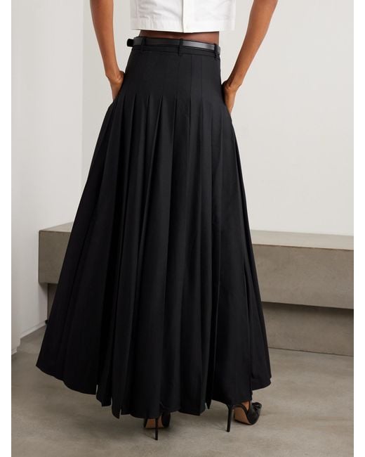 Self-Portrait Black Belted Leather-Trimmed Pleated Twill Maxi Skirt