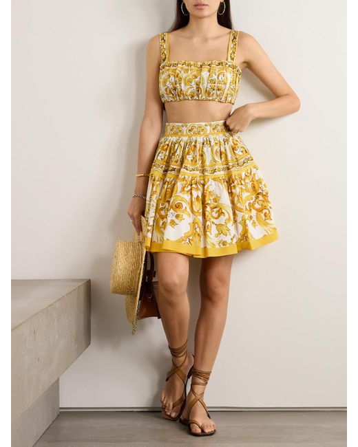 Dolce & Gabbana Metallic Maiolica Pleated Printed Cotton-Poplin Mini Skirt