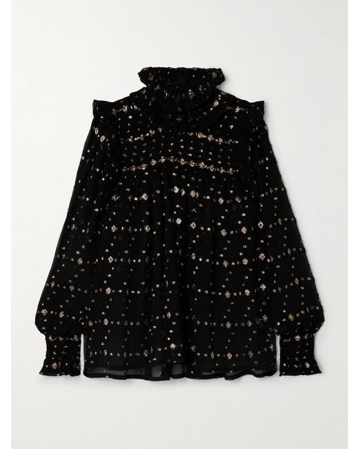 Blouse En Crépon De Soie Mélangée À Fil Coupé Métallisé, Volants Et Smocks Saint Laurent en coloris Black