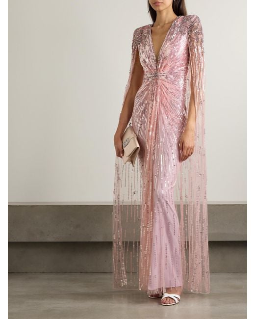 Jenny Packham Pink Rush Embellished Cape-Effect Tulle Gown